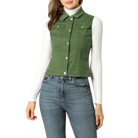 DARING DIVA Women s Denim Sleeveless Flap Pockets Vest Jacket M Olive Green | Walmart (US)