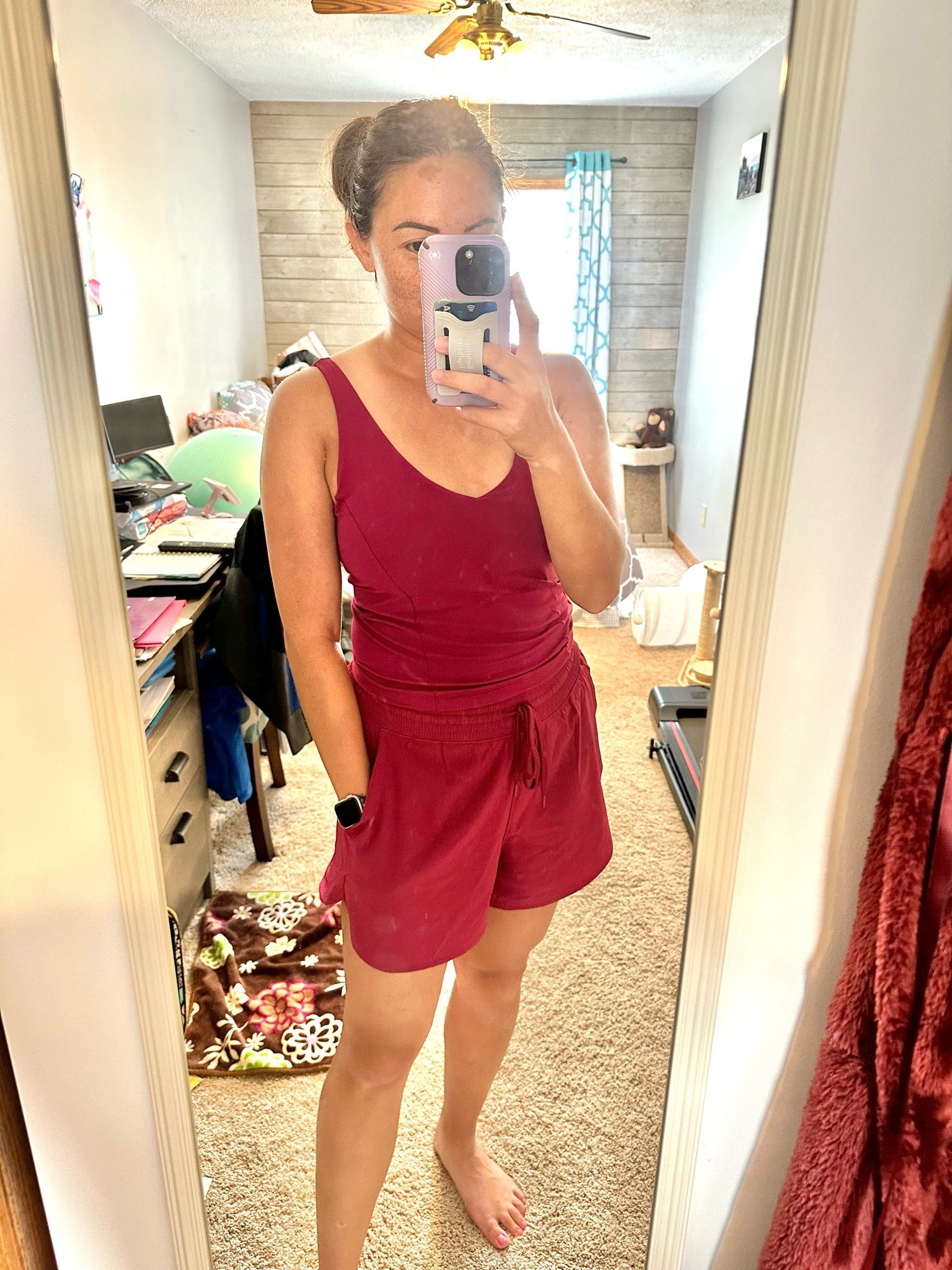 Can definitely size down in the shorts (I’m in my usual large and the outside part is very flowy, but they have bike shorts attached underneath!). Color is a bit darker than shown on the website! More like a burgundy 

#LTKsalealert #LTKunder50 #LTKFitness