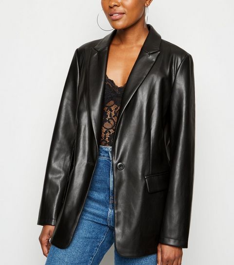 Black Coated Leather-Look Blazer | New Look | New Look (UK)
