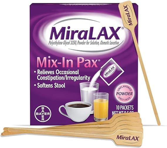 MiraLAX Laxative Powder for Gentle Constipation Relief, 10 Count Mix-In Packs + Mixing Stirrers | Amazon (US)