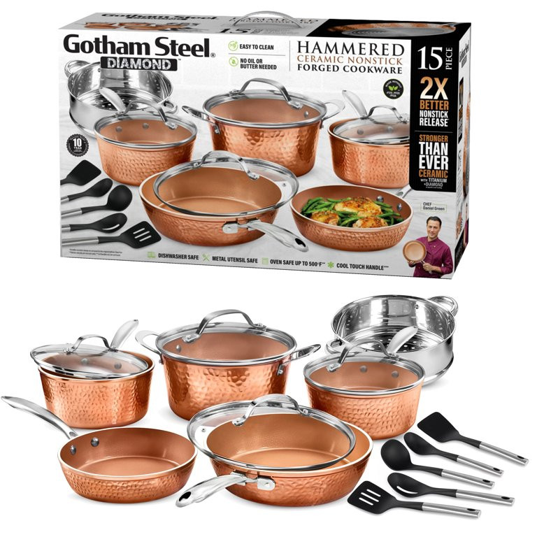 Gotham Steel Hammered Pots and Pans Set Nonstick Ceramic Cookware Set 15pc | Walmart (US)