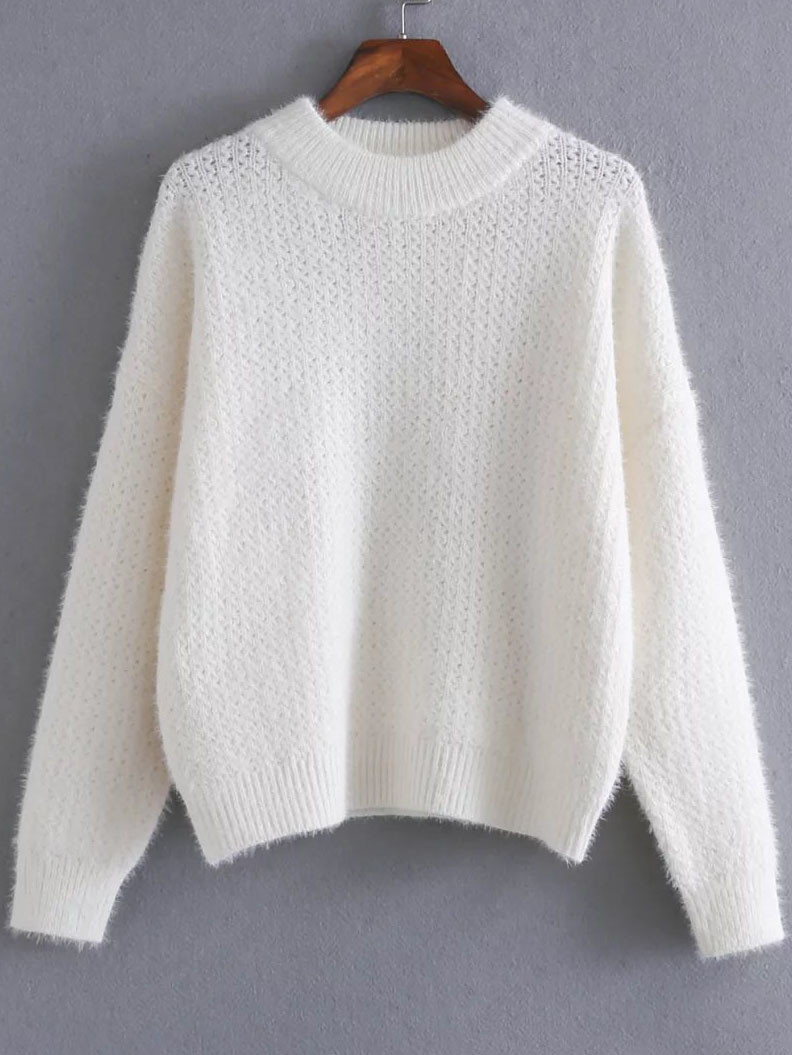 White Ribbed Trim Crew Neck Sweater | SHEIN