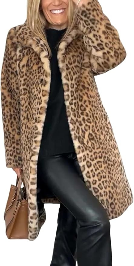 Women's Leopard Print Mid-Length Jacket, Long Fur Coats, Fuzzy Coats for Women, Leopard Coat, Fau... | Amazon (US)