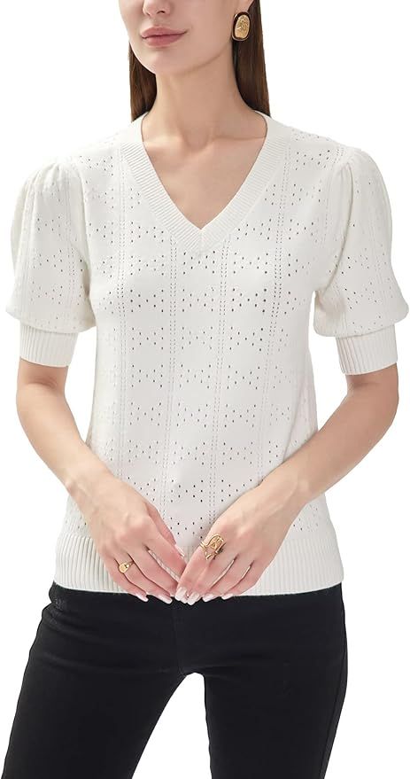 LANSALIRO V Neck Short Sleeve Sweater for Women Summer Sweaters for Women Lightweight | Amazon (US)