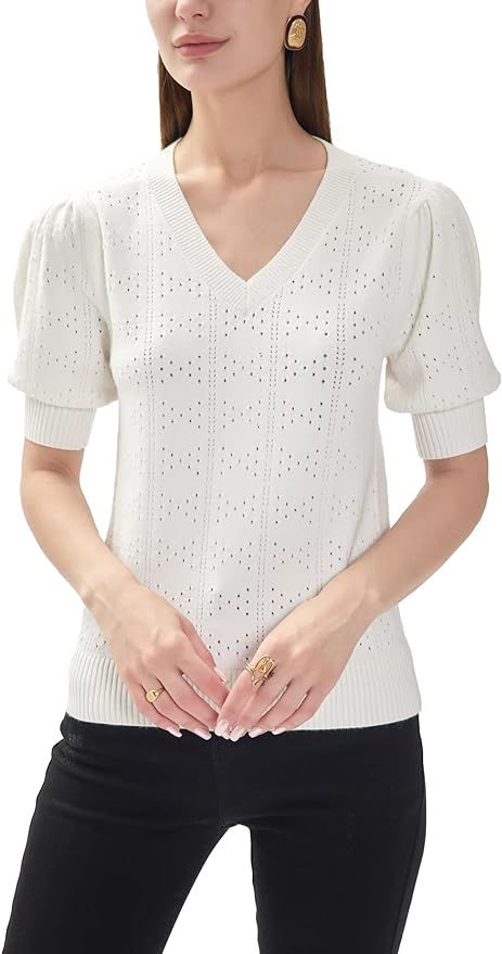LANSALIRO V Neck Short Sleeve Sweater for Women Summer Sweaters for Women Lightweight | Amazon (US)