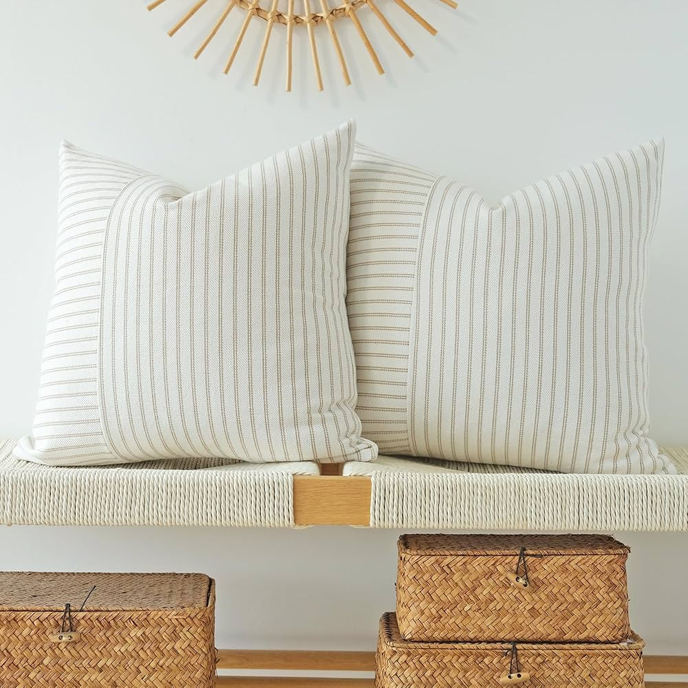 JOJUSIS Khaki and Beige Patchwork Farmhouse Pillow Covers 20x20 Inch, Pack of 2 Striped Linen Dec... | Amazon (US)