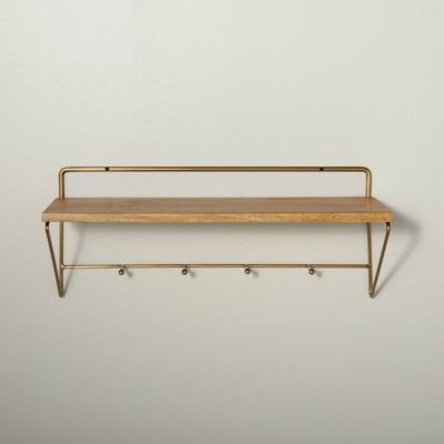 24" Wood & Brass Wall Shelf with Hooks - Hearth & Hand with Magnolia  | eBay | eBay US