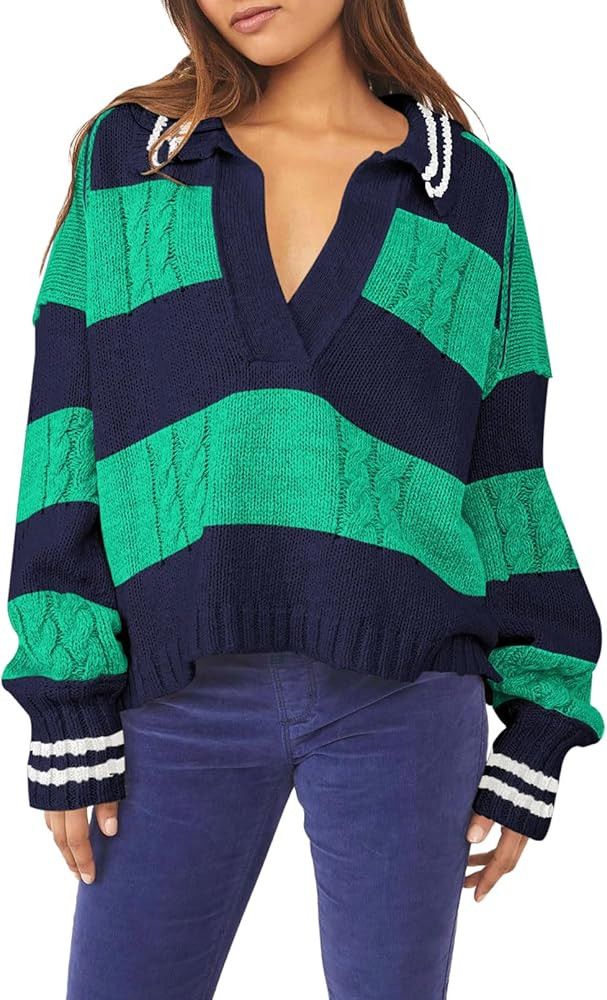 Pink Queen Women's 2023 Fall Casual Oversized Pullover Sweaters Lapel Collar V Neck Long Sleeve C... | Amazon (US)