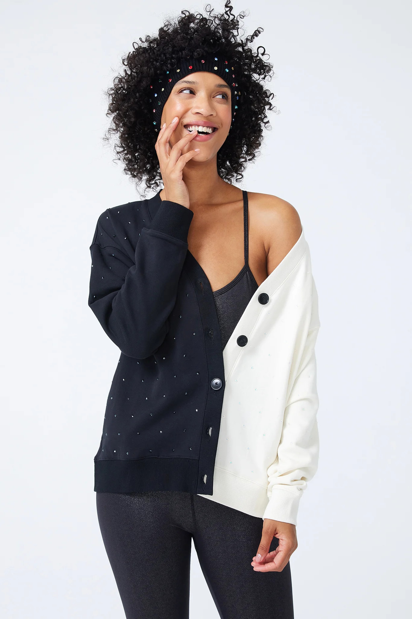 Black and Sugar Swizzle Colorblock Gems Chili Cardigan | Terez