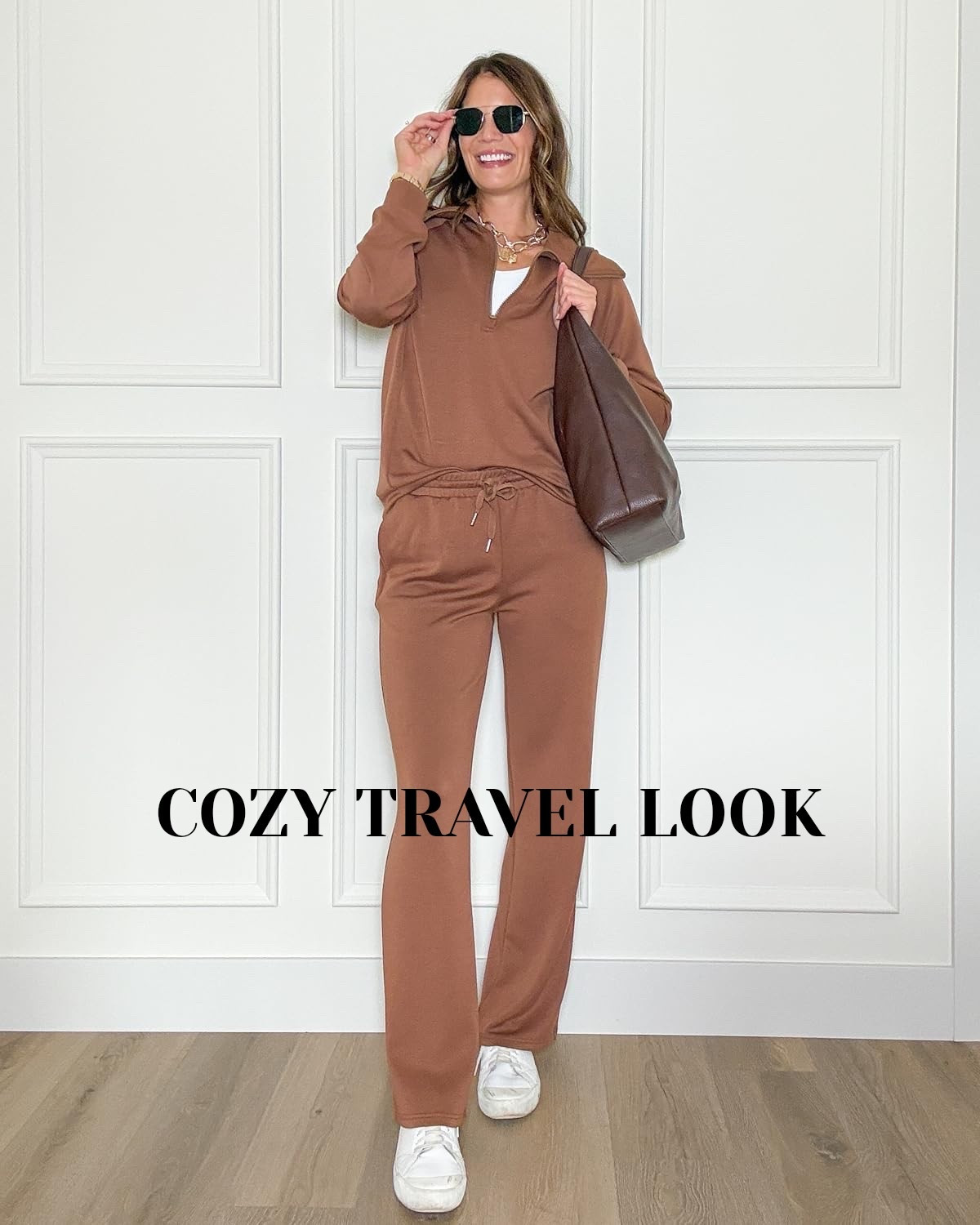 This chocolate brown matching set is exactly what I want for a travel day. The relaxed half zip and long pants feel comfortable enough for a flight, but still put together with sneakers, sunglasses, and an oversized tote.

Chocolate brown set, Travel outfit, Matching lounge set, Tall girl fashion, Tall friendly clothing, Long length pants, Airport outfit, Cozy travel look, Athleisure outfit, Casual fall style, Travel essentials, StangandCo