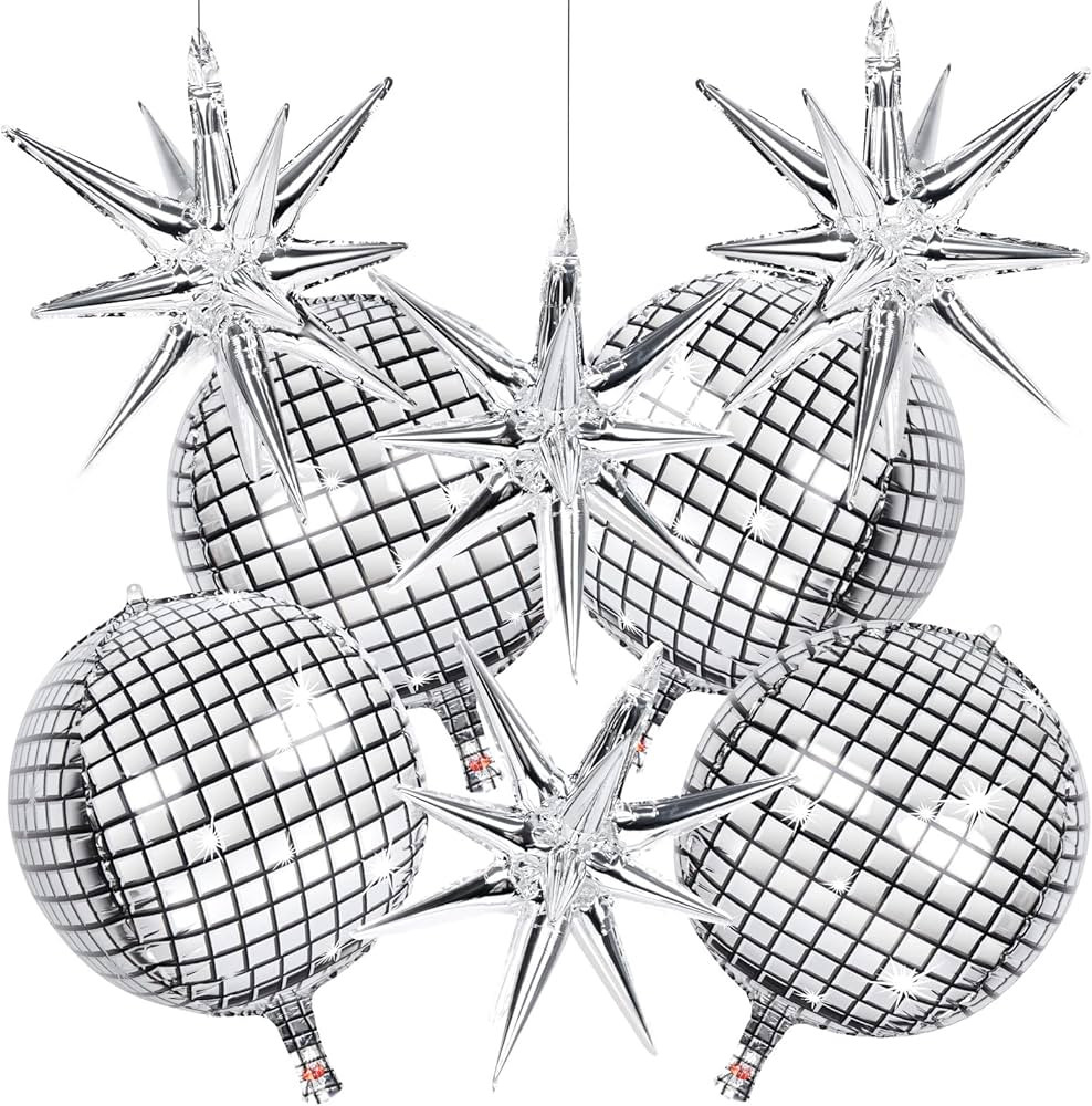 8 PCS 22Inch Silver Disco Ball Ballons, 4D Large Foil Balloons with Metallic Star for 70s Disco D... | Amazon (US)