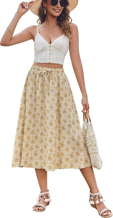 Bluetime Women Floral Print Midi Skirt Summer Beach Pleated Elastic High Waisted A Line Skirt | Amazon (US)