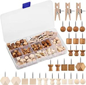 270 Pcs Wood Push Pins, 2 Colors and 7 Types Decorative Thumb Tacks Wooden Head Pin Wood Map Tack... | Amazon (US)