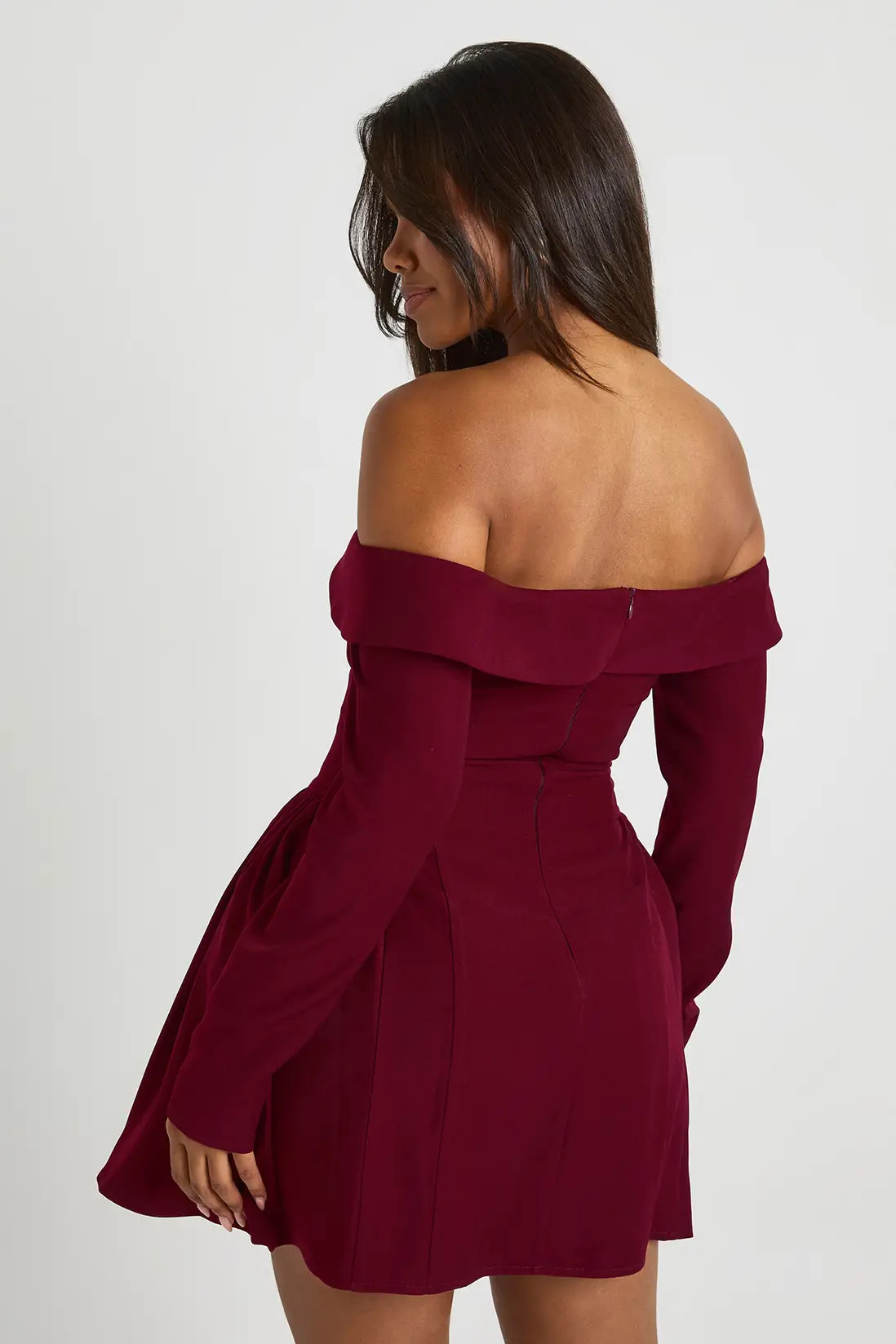 Long Sleeve Bardot Structured Skater Dress | Boohoo.com (UK & IE)