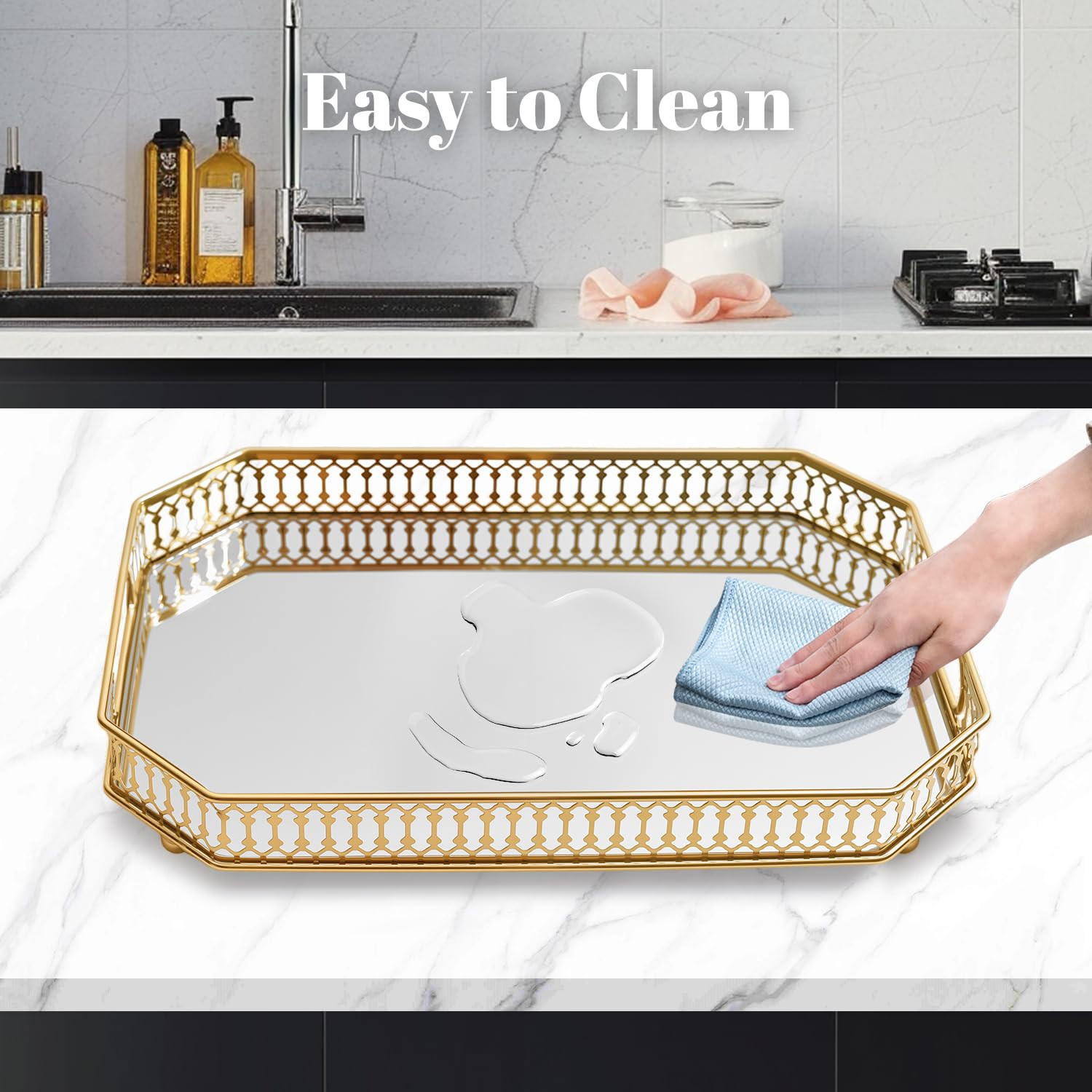 Vintage Gold Mirror Vanity Tray – Large Makeup Organizer with Handles, Elegant Perfume & Jewelr... | Amazon (US)