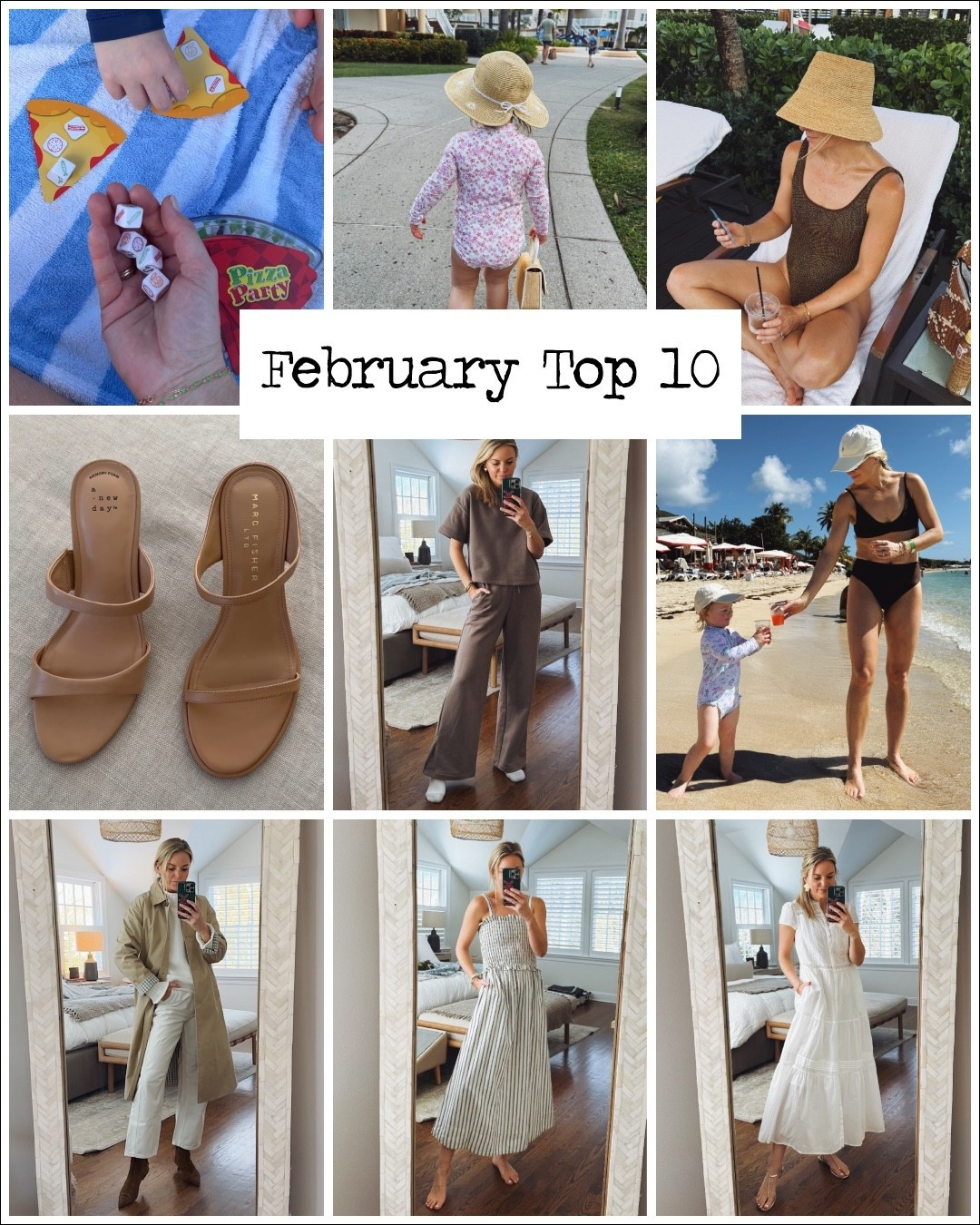 February Top 10
1. White midi dress - XS, I’m 5’5
2. Striped midi dress - small
3. Trench coat - XS, fits oversized 
4. Bikini - size small 
5. Lounge set - small 
6. Best $15 beach tote 
7. Look for less heels, tts 
8. Packable hat - size small 
9. Matching Toddler hat & purse
10. Kids travel game 

kids travel, resort wear, toddler girl, spring dress, target finds 



#LTKSwim #LTKTravel #LTKKids