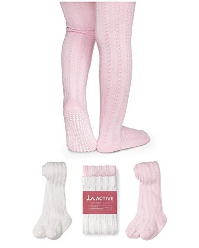 LA Active Baby Tights - 2 Pairs - Non Skid/Slip Cable Knit (White & Pink, 0-3 Months) | Walmart (US)