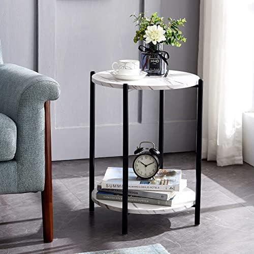 White Marble Nightstand for Small Spaces, Round Side End Table for Living Room or Bedroom, 2-Tier Sn | Amazon (US)