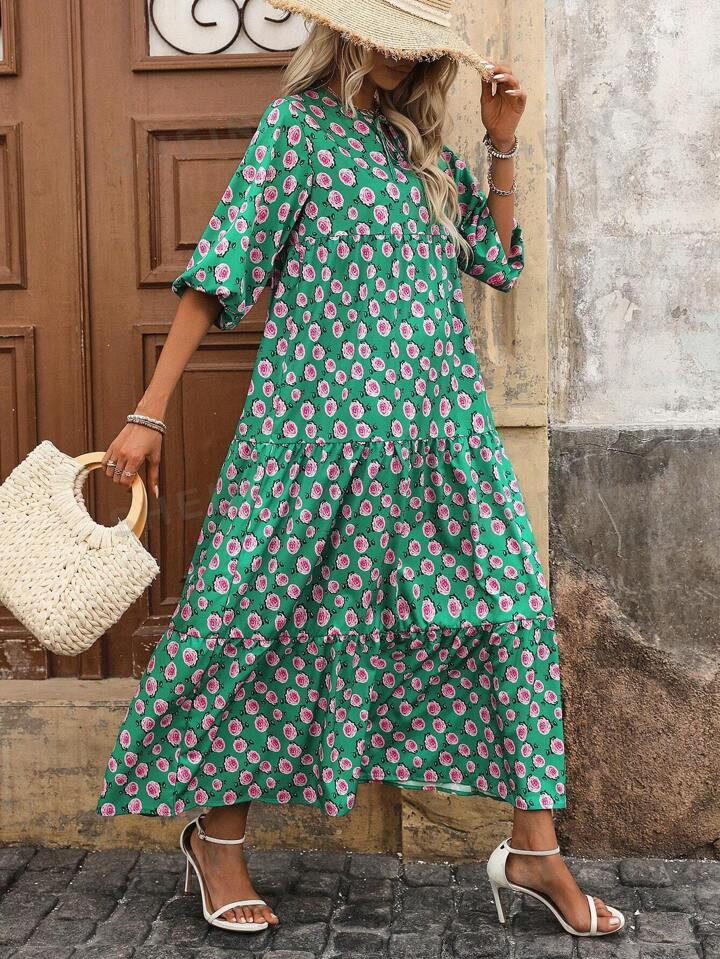 SHEIN LUNE Women Summer Long Bubble Sleeve Dress With Rose Print | SHEIN USA | SHEIN
