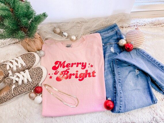 Blush Merry & Bright Tee- womens t-shirt/ women's clothing/ fashion/ holiday / Christmas / merry ... | Etsy (US)