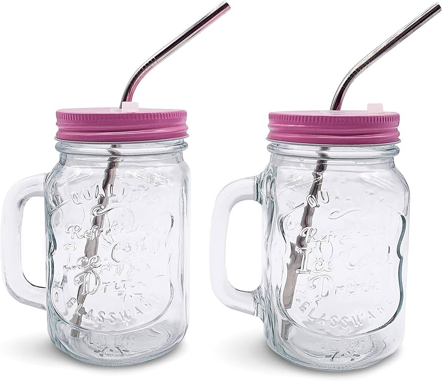 Home Suave Mason Jar Mugs with Handle, Regular Mouth, Colorful Lids with 2 Reusable Stainless Ste... | Amazon (US)