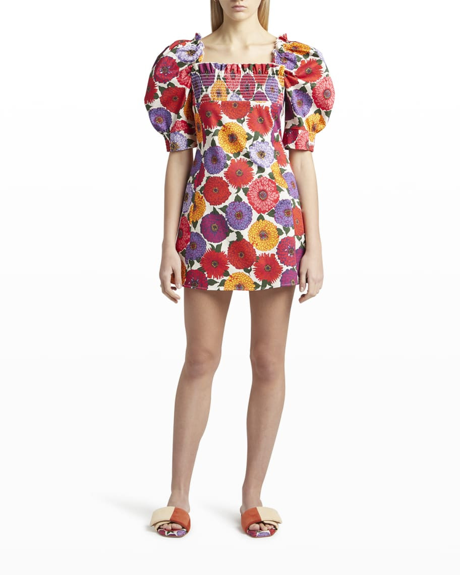 La DoubleJ Floral-Print Puff-Sleeve Mini Dress | Neiman Marcus