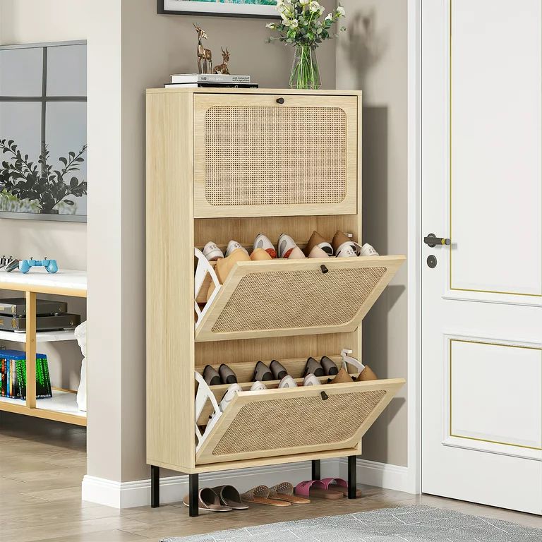Sweiko Wooden Shoe Storage Cabinet with 3 Flip Drawers for Entryway Store 18 Pairs Natural Rattan | Walmart (US)