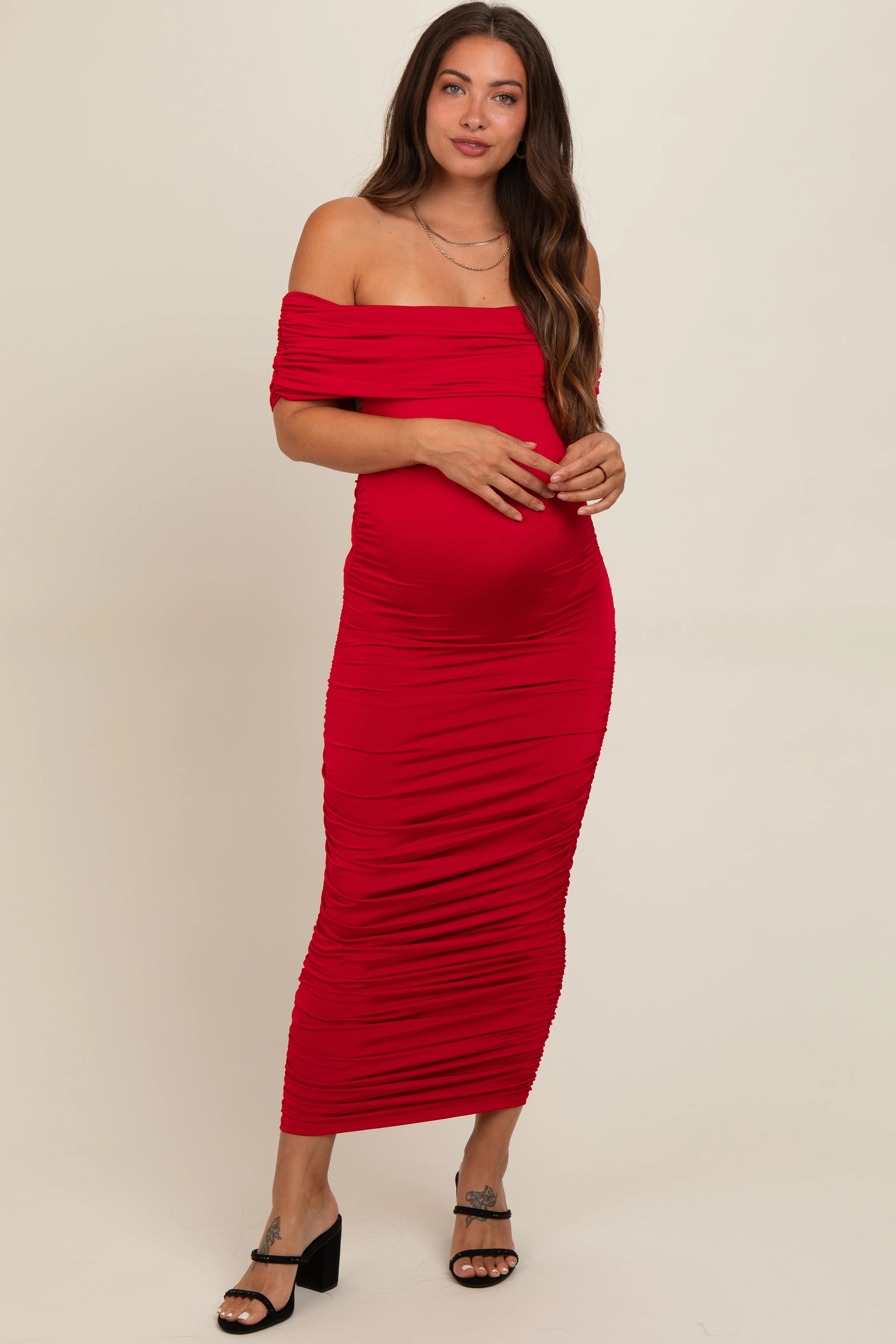 Red Off Shoulder Ruched Maternity Midi Dress | PinkBlush Maternity