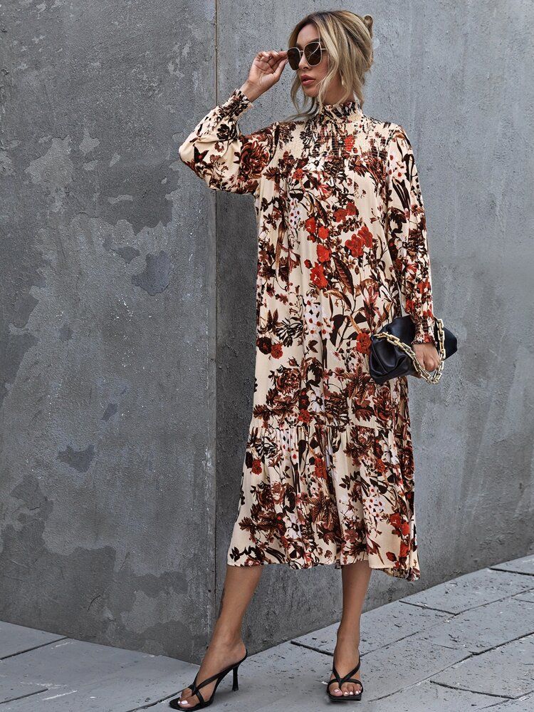 Floral Print Shirred Detail Ruffle Hem Smock Dress | SHEIN