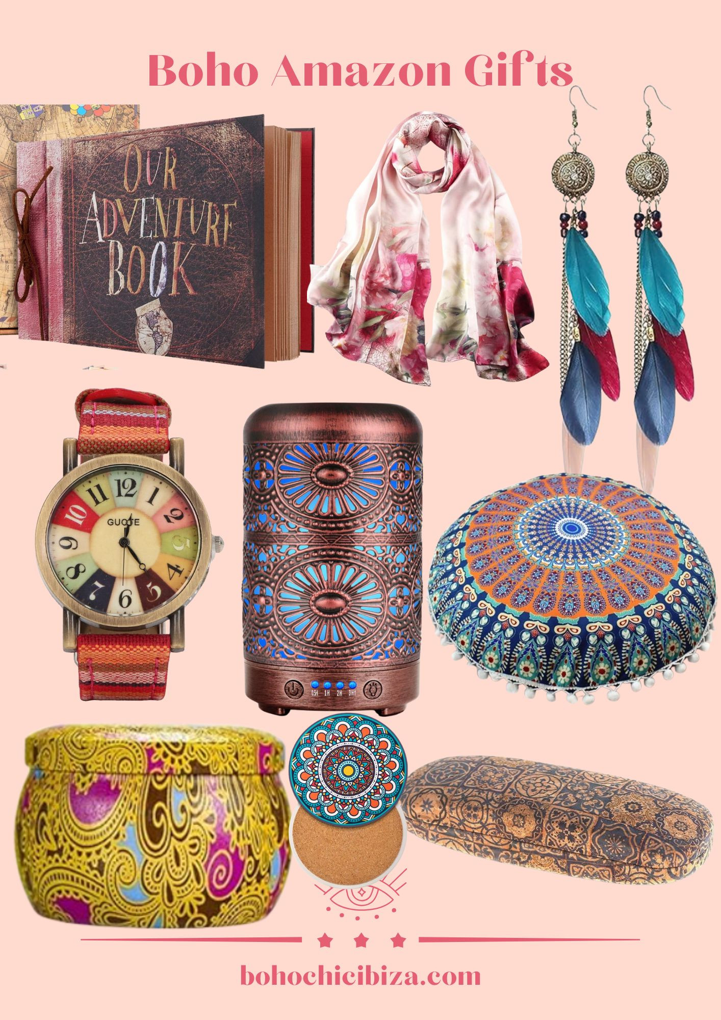 Amazon Boho Gifts
- Our Adventure Book
- Set of 8 Ceramic Cork Coasters
- Essential Oil Diffuser
- SPYMINNPOO Watch
- Retro Earrings
- Boho Silk Scarf
- Bohemian round cushion cover
- Boho Glasses Case 

 #LTKsale #LTKgiftguide #LTKAroundTheWorld