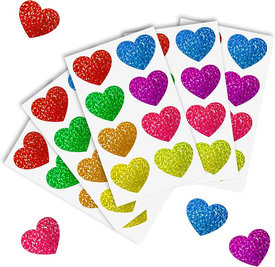 Heart Stickers, Valentines Stickers for Kids, 320Pcs 1.5 inch Large Self Adhesive Colorful Glitte... | Amazon (US)