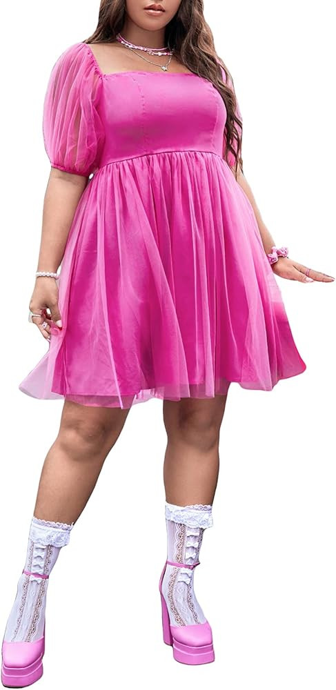 WDIRARA Women's Plus Size Mesh Puff Sleeve Square Neck Ruffle Hem Solid A Line Short Dress | Amazon (US)
