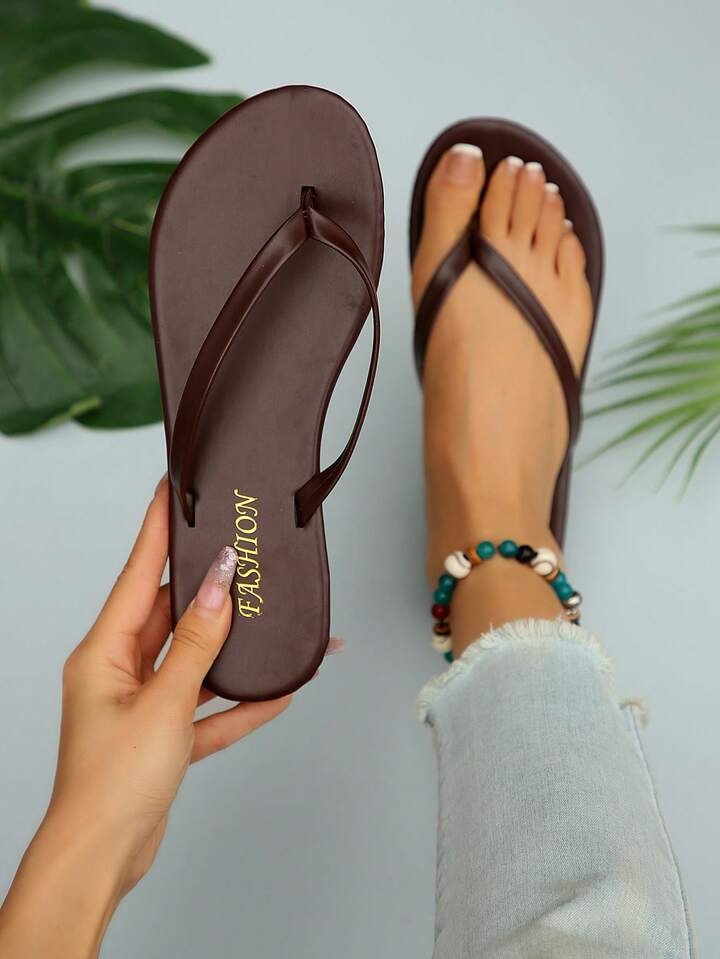 New Spring/Summer, Women's Chocolate Brown Thong Sandals, Round Toe Flat Flip Flops, Casual Slippers For Indoor & Outdoor Wear | SHEIN