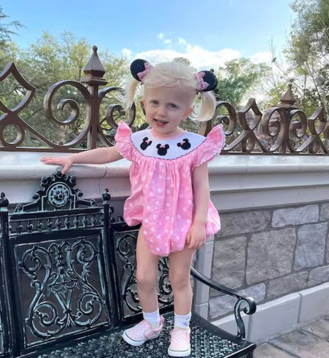 Mouse Ears Smocked Bubble Romper- light pink polka dot, baby girl, Magical Trip, Birthday Outfit | Etsy (US)
