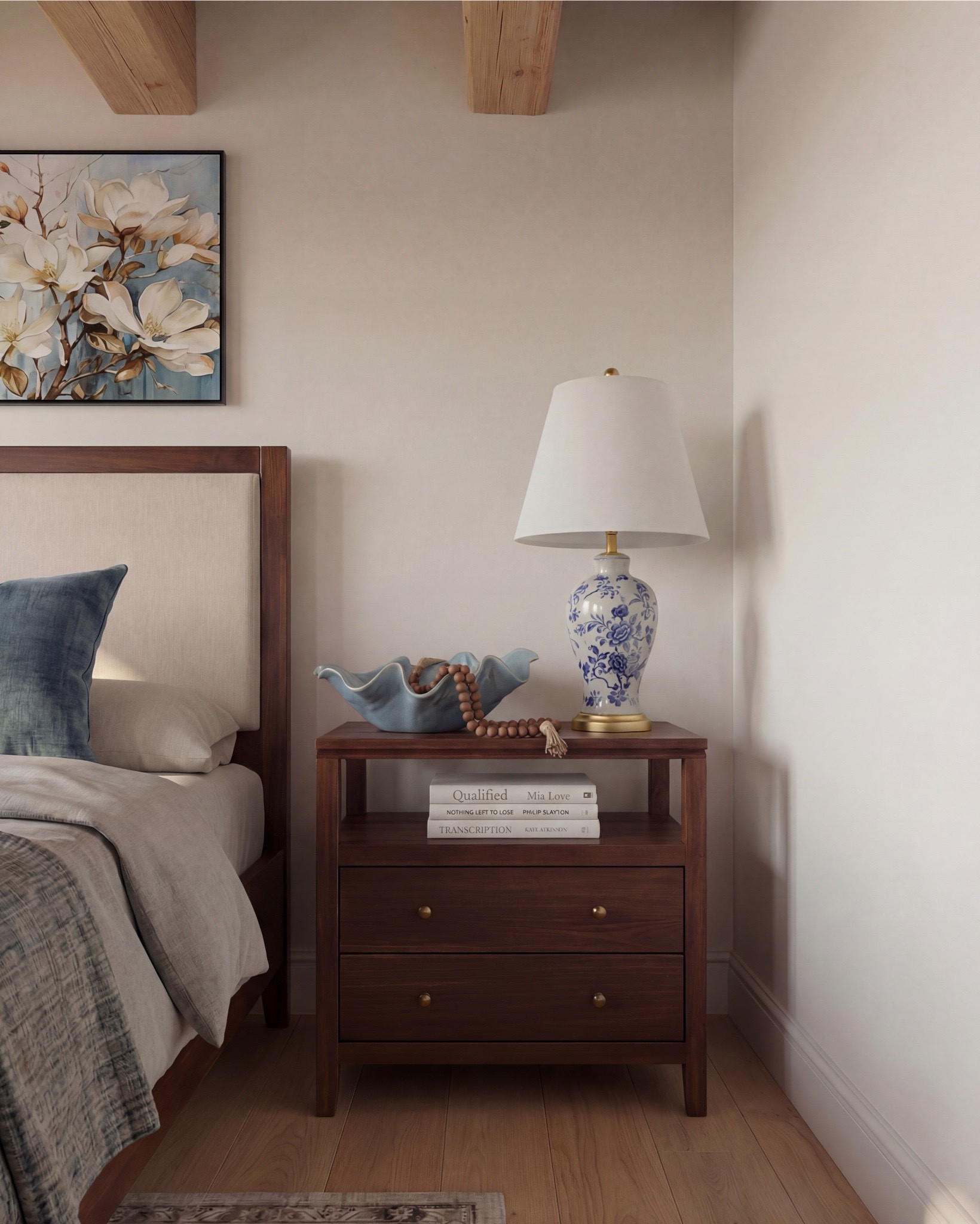 Bedroom Refresh : Shop The Look.
Most bedrooms play it safe—this one looks up. The floral ceiling becomes a soft romantic moment, echoed by layered blue accents that keep the palette calm but intentional. Warm wood grounds the room, symmetry keeps it elevated, and all the small styling pieces bring that collected, designer finish.

Steal this setup:
• Warm wood platform bed with upholstered headboard
• White bedding with layered neutral + blue pillows
• Chunky knit blue throw blanket
• Upholstered bench at the foot of the bed
• Matching warm-wood nightstands
• Blue décor bowls (nightstand styling)
• Bead décor strand
• Floral framed artwork pair above nightstands
• Blue ceramic table lamps
• Neutral patterned area rug
• Floral ceiling wallpaper (blue + white palette)

#LTKhome #LTKsale #LTKstyletip
