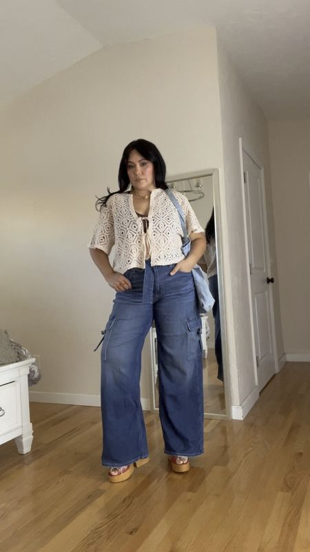 Wide leg jeans, platform sandals, crochet top and a large tote bag is the summer uniform. Wearing Sz 12 jeans. Sz xL stop

#LTKunder50 #LTKunder100 #LTKstyletip