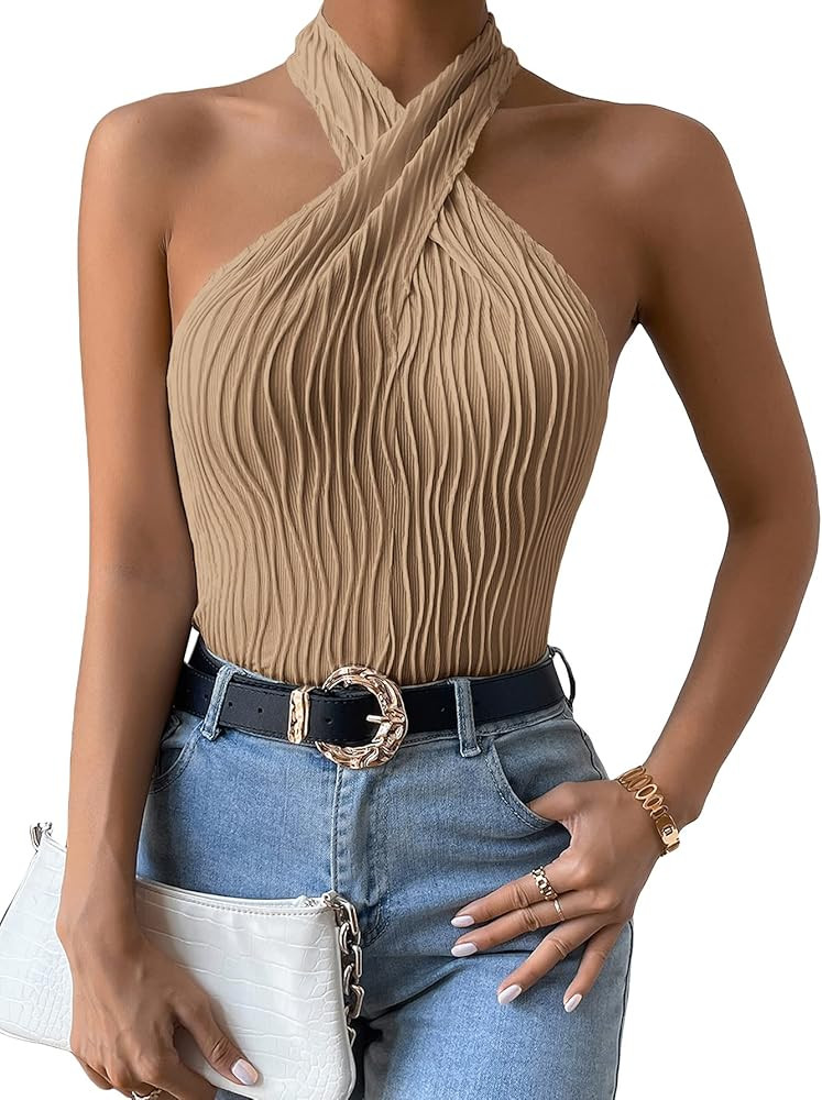 GORGLITTER Women's Textured Criss Cross Halter Crop Top Sleeveless Slim Fit Cami Tank Tops | Amazon (US)