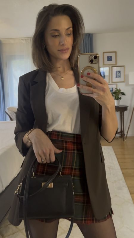 A chic winter outfit with a brown blazer, plaid skirt, and chunky boots. 

#LTKfindsunder100 #LTKHoliday