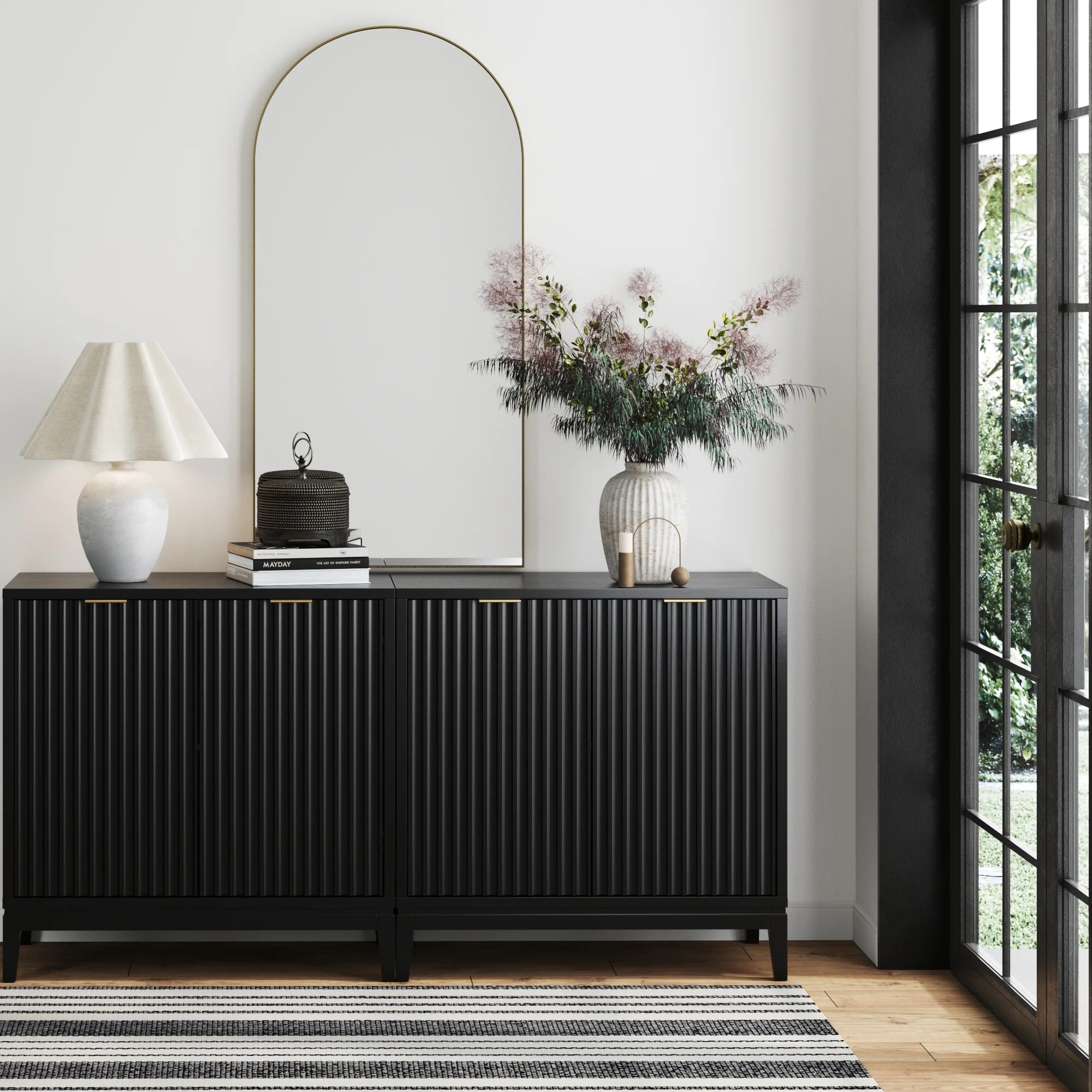 Mid-Century Fluted Storage Cabinet Credenza Black Oak (Set of 2) | Nathan James
