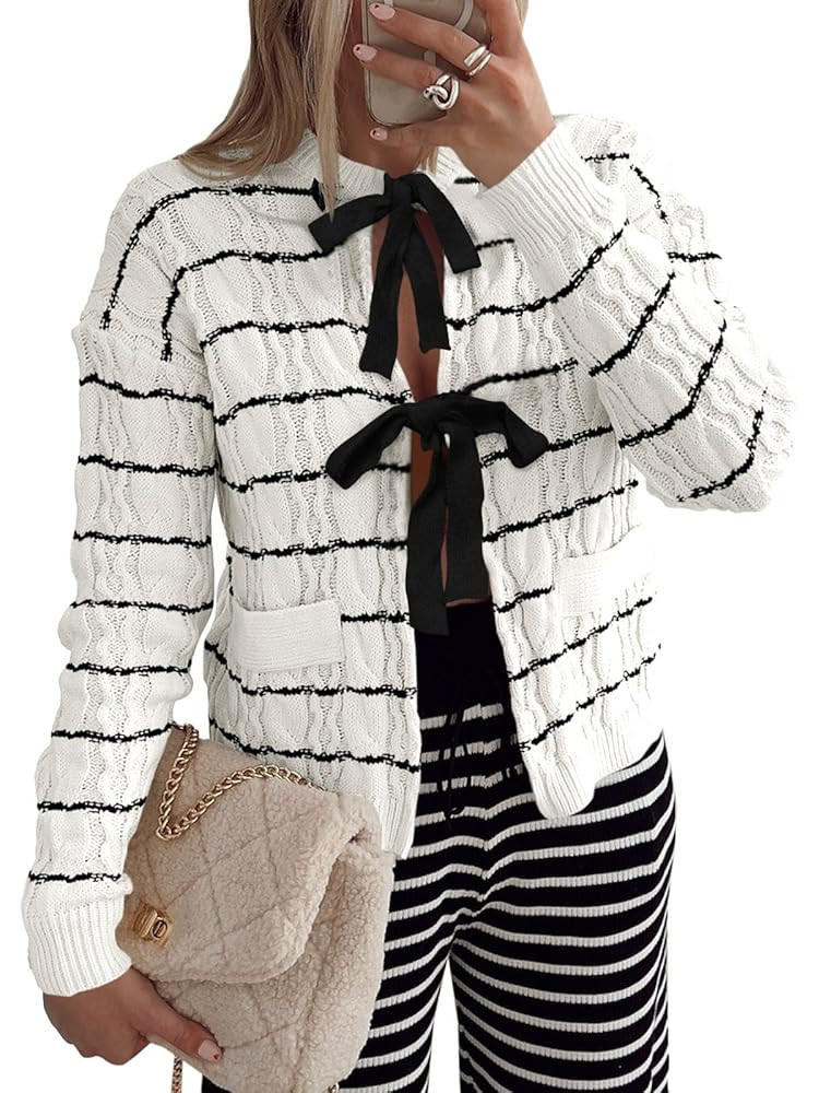 Saodimallsu Womens Striped Tie Front Cardigan Sweaters Crew Neck Long Sleeve Cable Knit Bow Knot ... | Amazon (US)