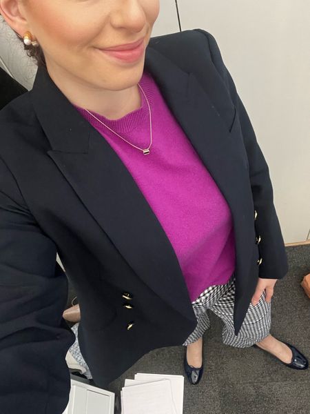 Office style, workwear, business casual, gingham pants, purple sweater, purple crew neck, double breasted blazer, navy blazer, ballet flats, patent ballet flats, block heels, winter to spring workwear, law firm, office style, office outfit

#LTKworkwear #LTKfindsunder100 #LTKSeasonal