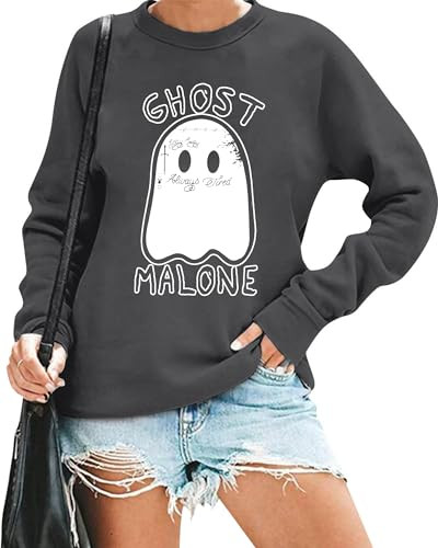 FASHGL Ghost Sweatshirt Women Funny Halloween Pullover Spooky Graphic Blouse Casual Long Sleeve Tee Tops Dark Grey | Amazon (US)