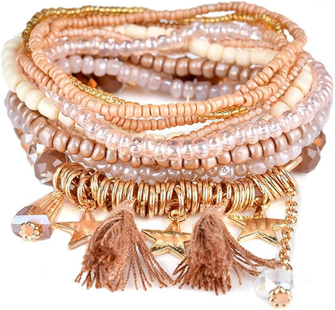 Stretch Multilayer Beaded Bracelets Stackable Bracelets, Colorful Strand Beach Bangle Crystal Boh... | Amazon (US)