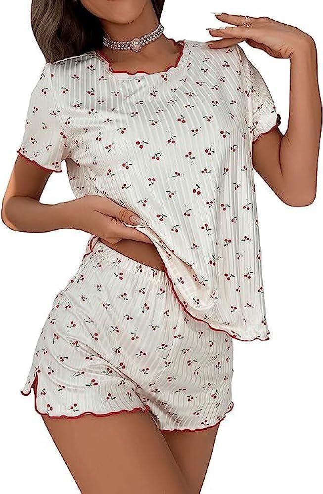SOLY HUX Pajama Set for Women Cute Print Short Sleeve Tee and Shorts Lounge Sleepwear Beige Cherr... | Amazon (US)