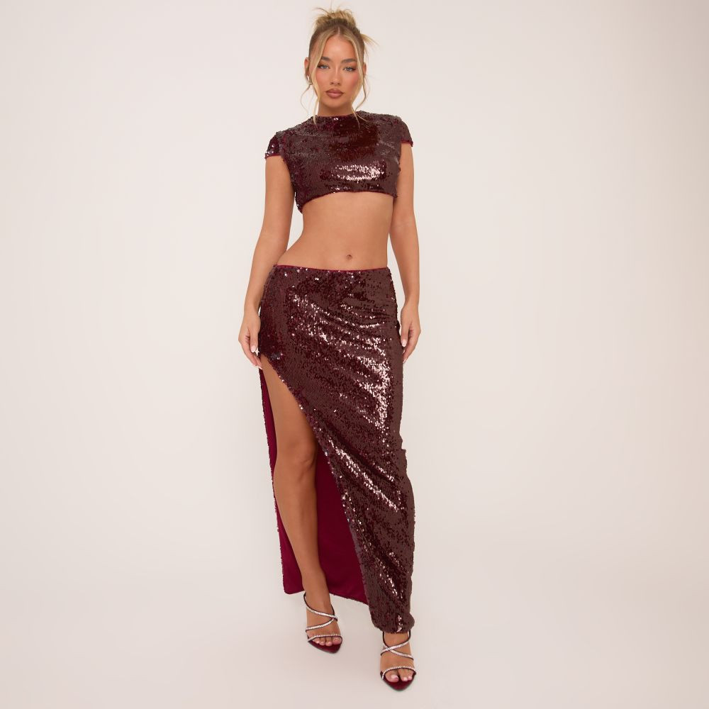 Low Rise Side Split Maxi Skirt In Burgundy Sequin | EGO (UK)