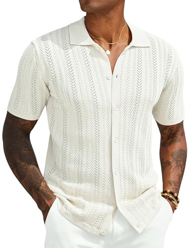 COOFANDY Short Sleeve Button Down Men Knit Shirts for Men Casual Button Up Summer Beach Vintage Fashion Shirts Cream Large | Amazon (US)