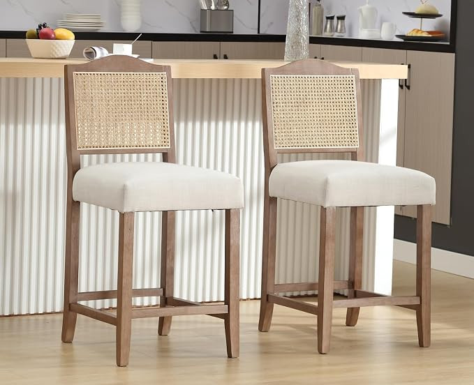 Rattan Counter Height Bar Stools Set of 2 Farmhouse Barstools with Cane Back Wooden High Bar Chai... | Amazon (US)