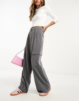 Miss Selfridge tailored wide leg cargo trouser in grey | ASOS (Global)