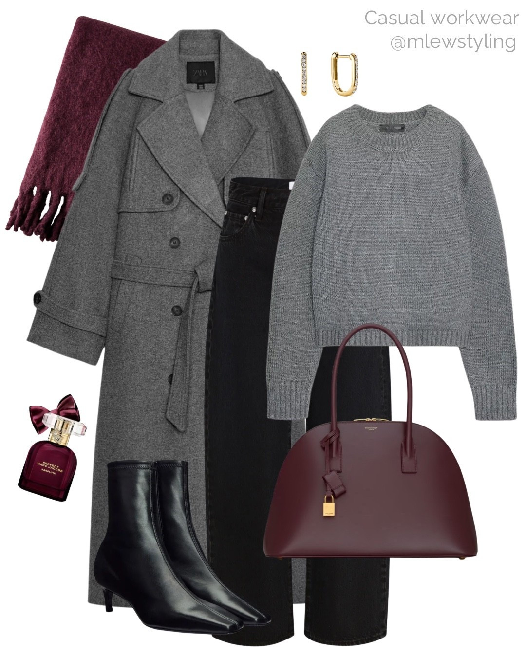 Winter casual work outfit 🩶

Tags: workwear, new-in Zara grey wool coat, aritzia burgundy scarf, pistola denim, black barrel leg jeans, Sephora Marc Jacob’s perfume, Mejuri gold earrings, reformation black leather boots, kitten heels, burgundy ysl tote bag, elevated everyday outfit 

#LTKHoliday #LTKWorkwear #LTKootd