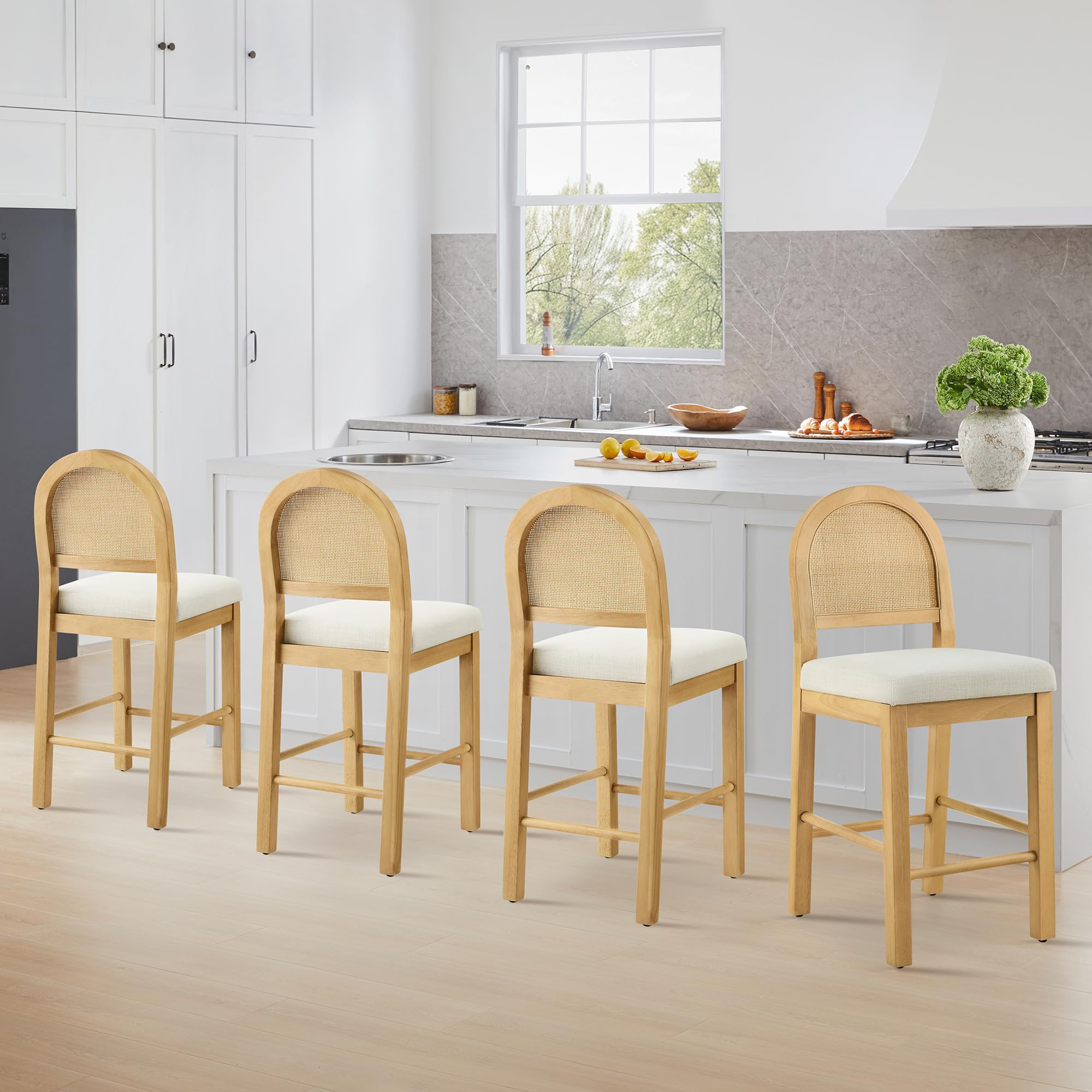 Rattan Counter Height Bar Stools Set of 4, Upholstered Farmhouse Barstools with Natural Rattan Ba... | Amazon (US)